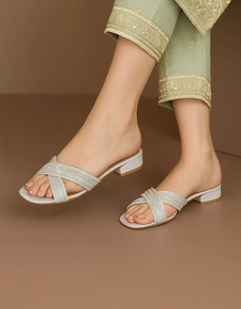 Celesta Silver Block Heels with Glitter Crossover Straps – Essence by Rubina